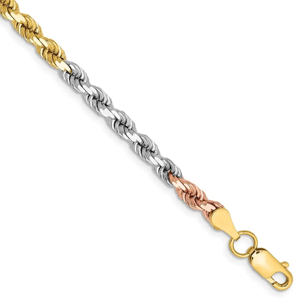 14K Tri-colored 7 inch 4mm Diamond-cut Rope with Lobster Clasp Chain