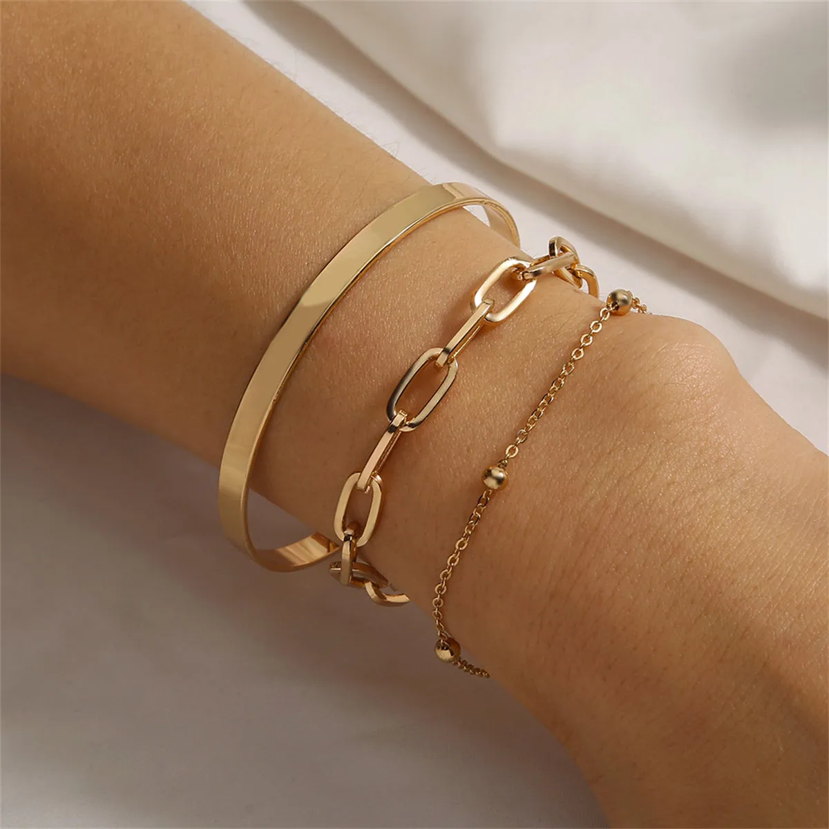 18K Gold-Plated Bead & Cable Chain Bracelet Set