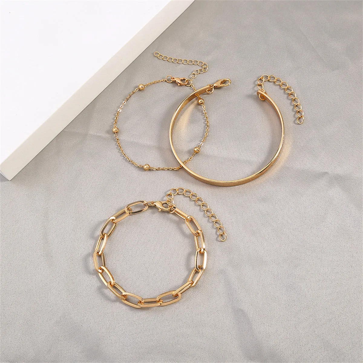 18K Gold-Plated Bead & Cable Chain Bracelet Set