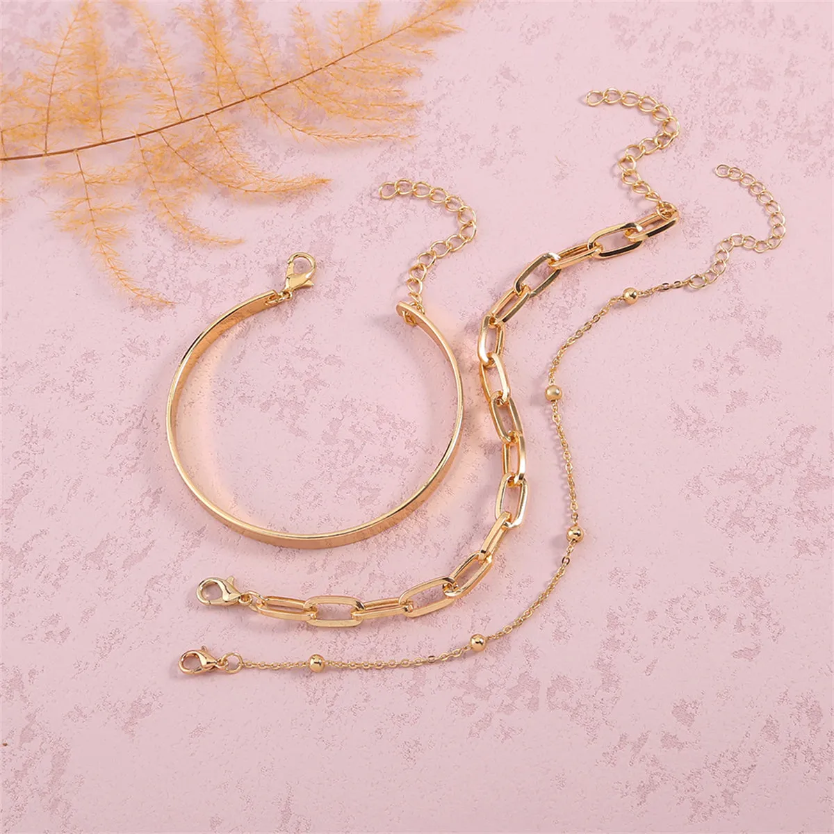 18K Gold-Plated Bead & Cable Chain Bracelet Set