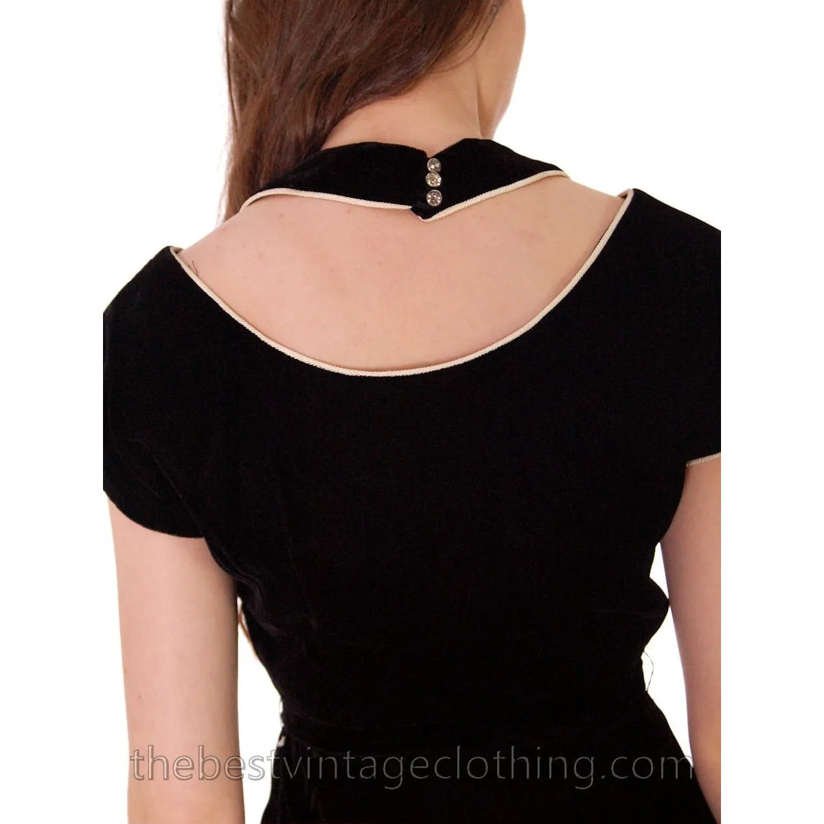 1950s Black Velvet Vintage Wiggle Dress White Piping Unique Halter Neckline Size S 32-25-34