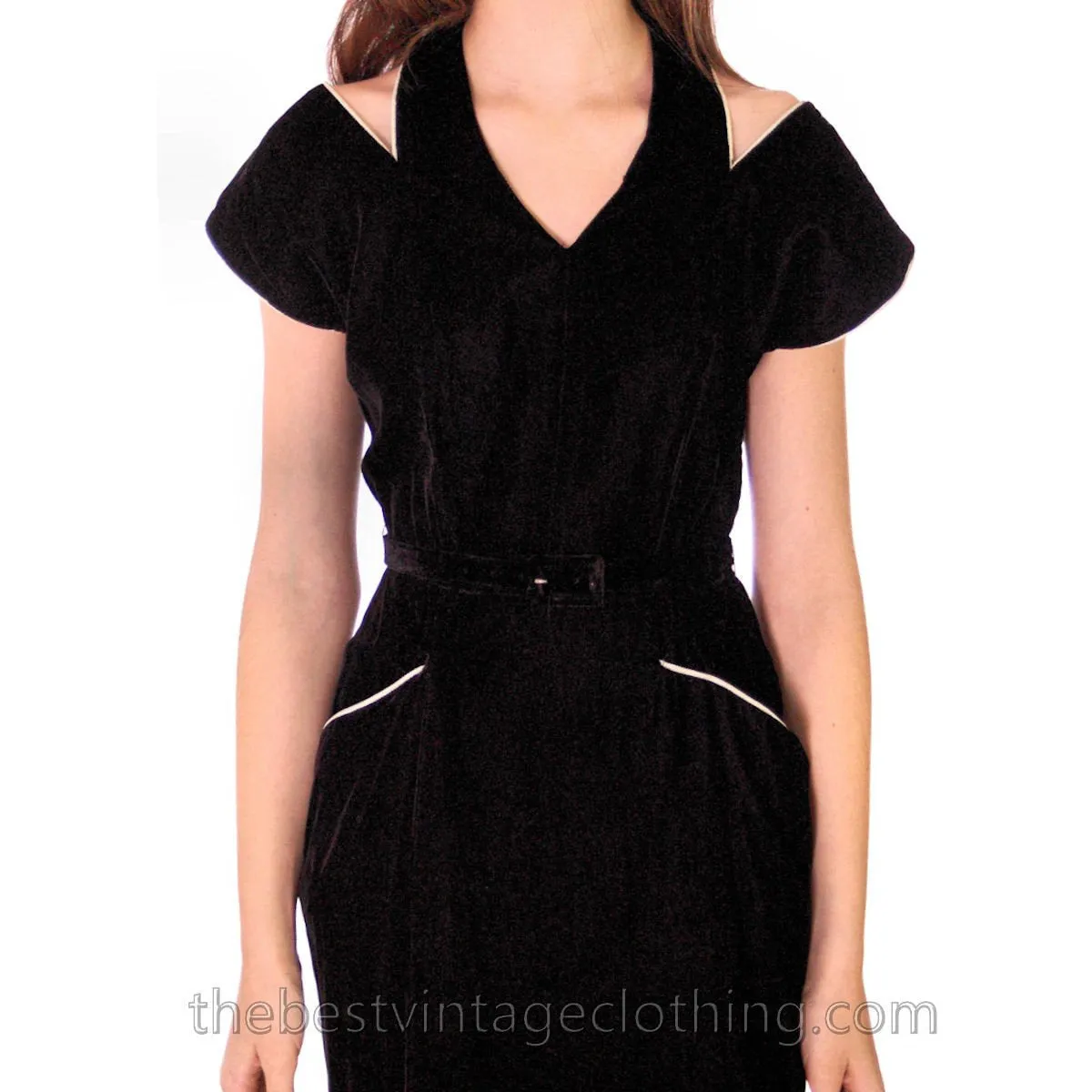 1950s Black Velvet Vintage Wiggle Dress White Piping Unique Halter Neckline Size S 32-25-34
