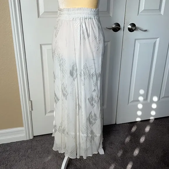 1980s DOROTHY SCHOELEN PLATINUM SKIRT CREAM &amp; SILVER FABRIC ELASTIC WAIST
