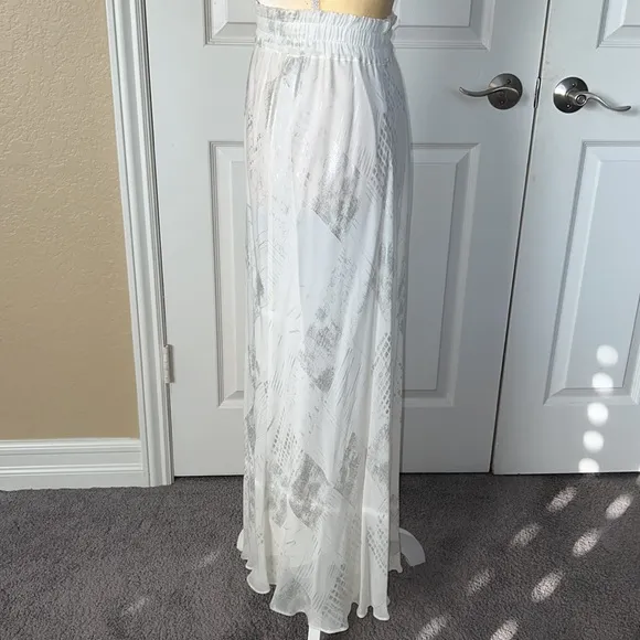 1980s DOROTHY SCHOELEN PLATINUM SKIRT CREAM &amp; SILVER FABRIC ELASTIC WAIST
