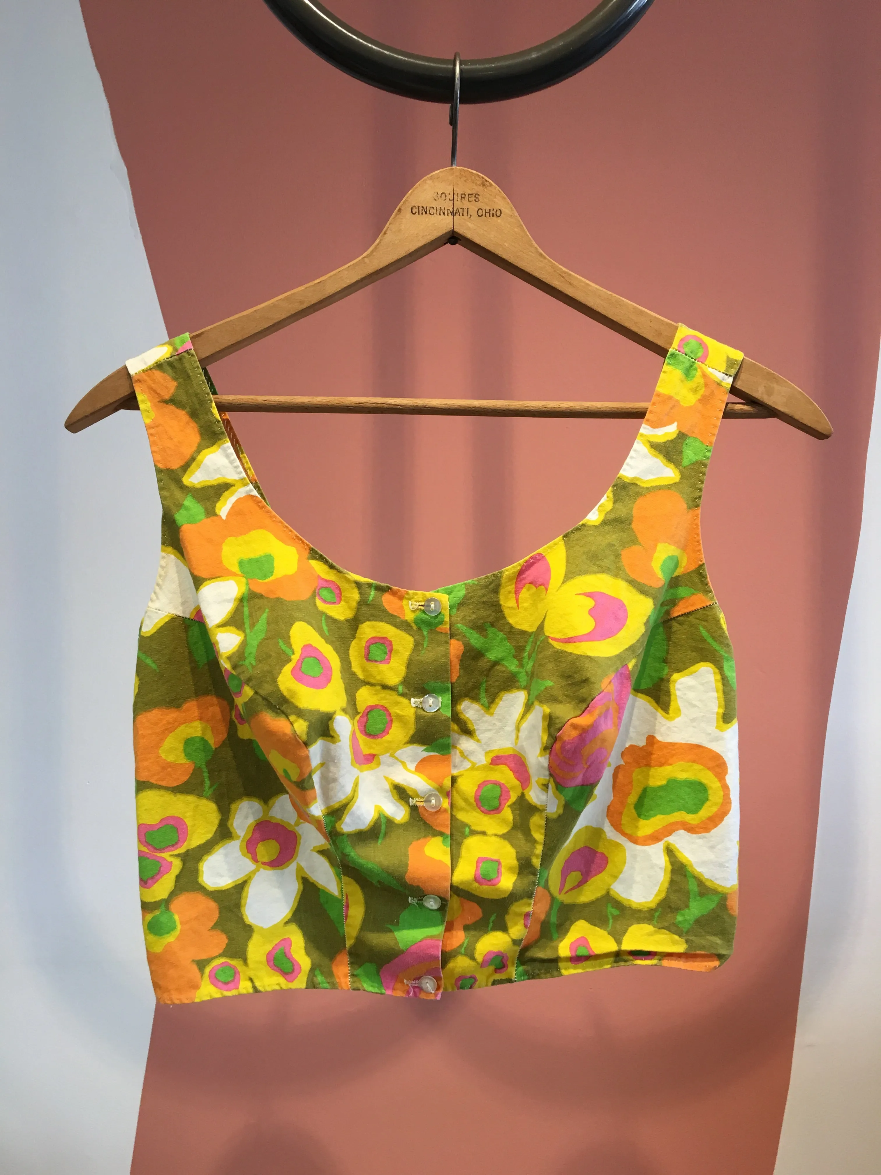 60's FLORAL BUTTON FRONT CROP TOP / MEDIUM