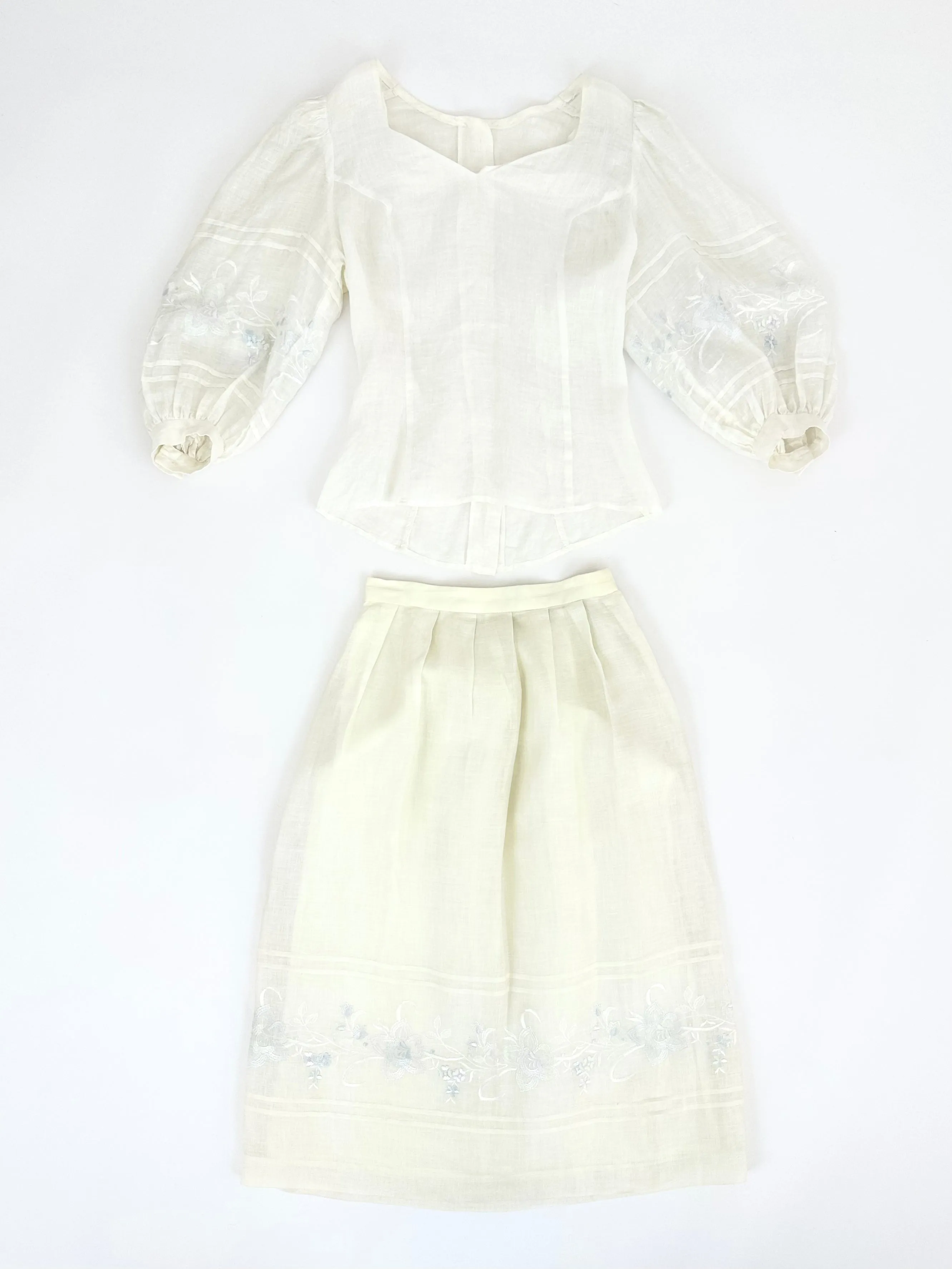 70s Linen Embroidered Skirt Set
