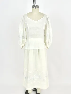 70s Linen Embroidered Skirt Set