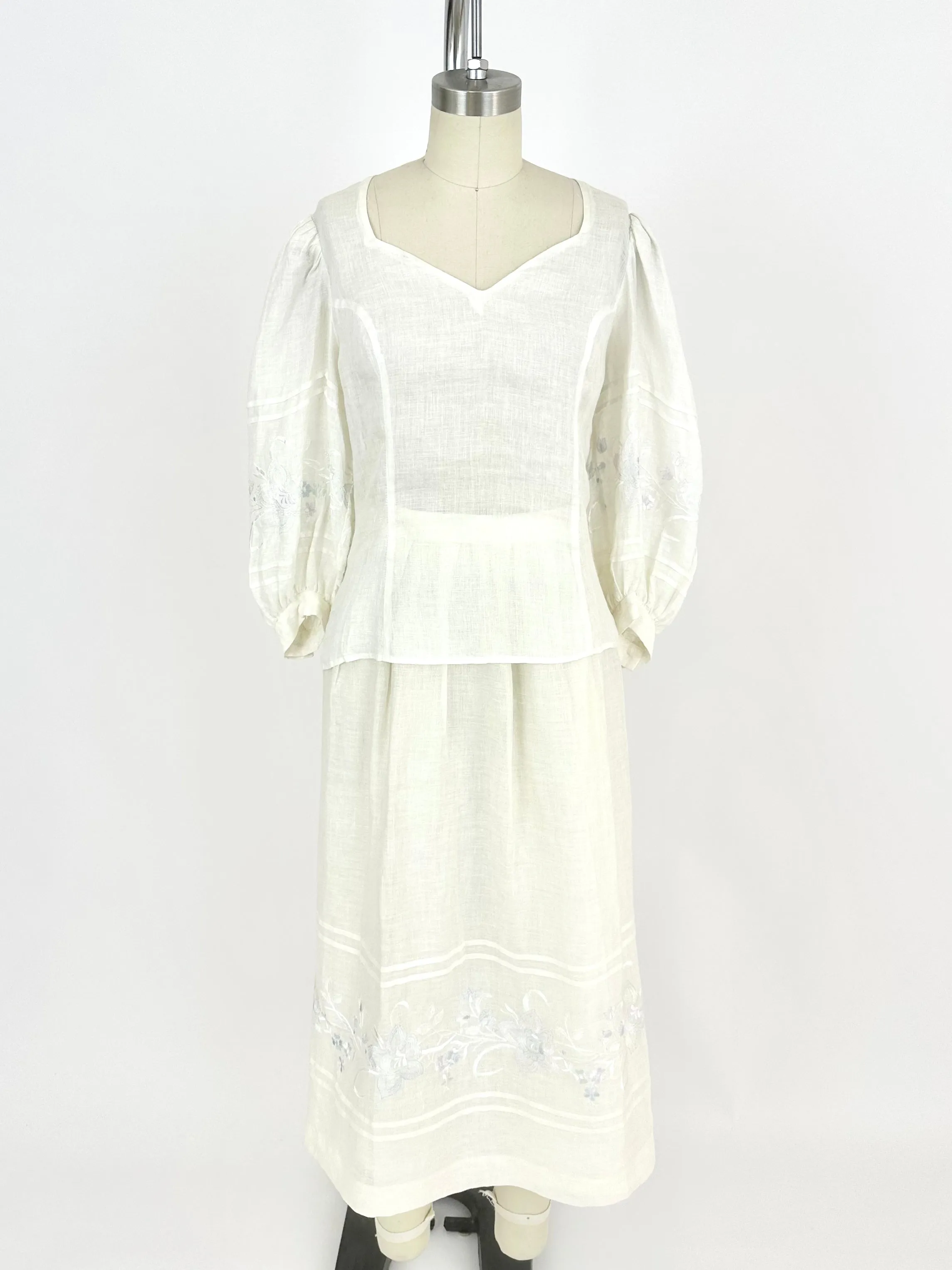 70s Linen Embroidered Skirt Set
