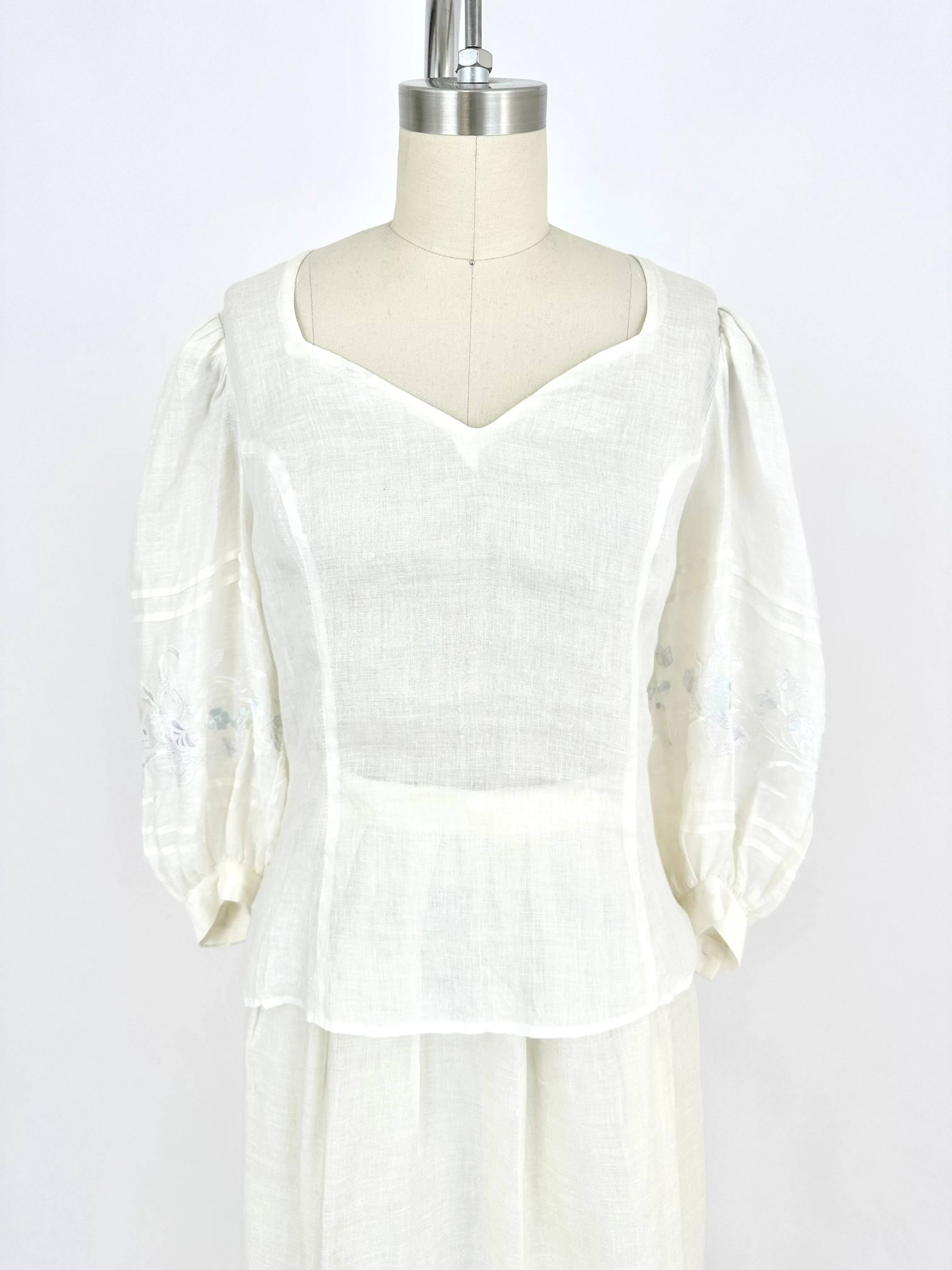 70s Linen Embroidered Skirt Set