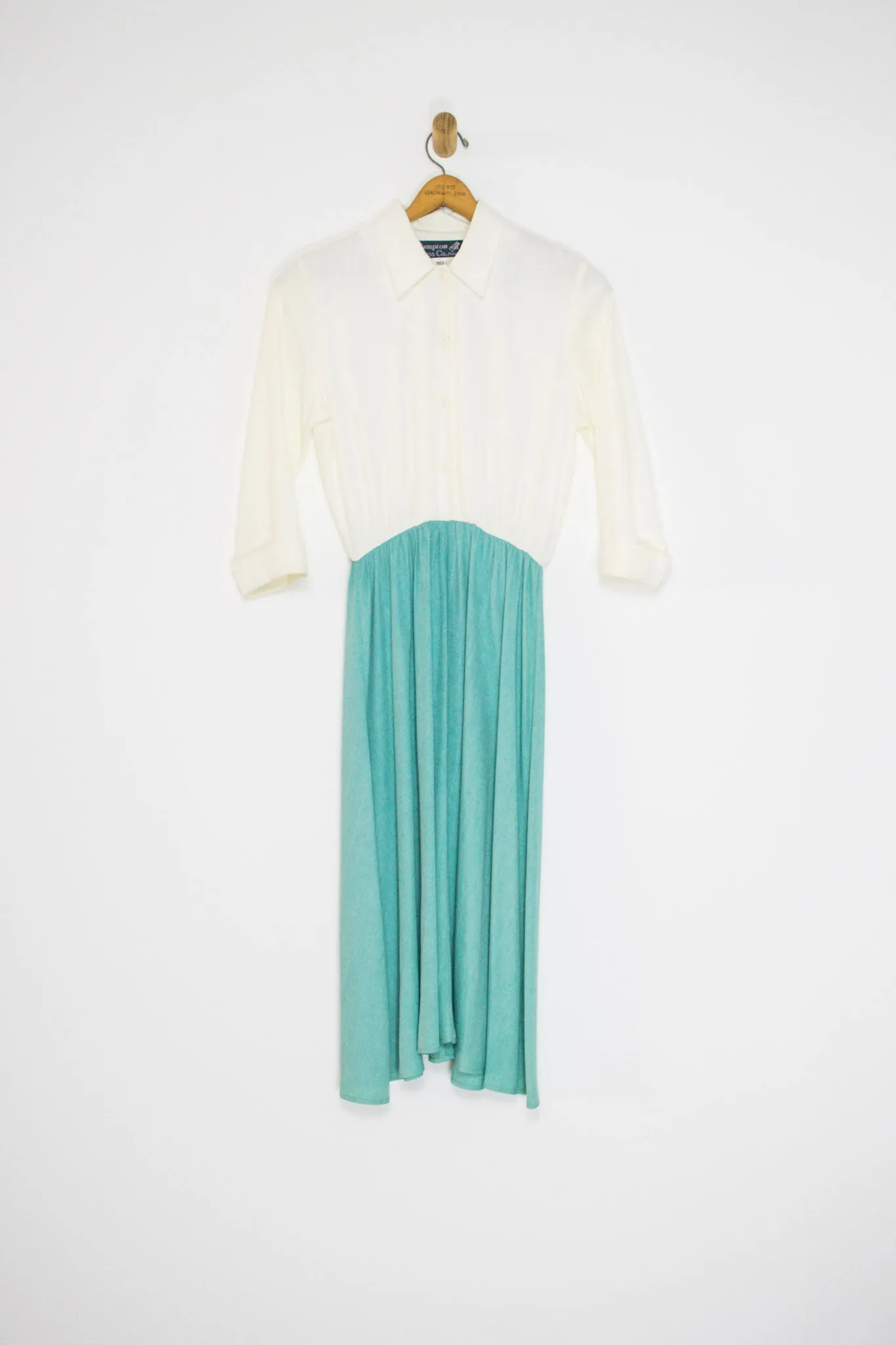 80's TEAL AND WHITE SHIRT DRESS / MEDIUM