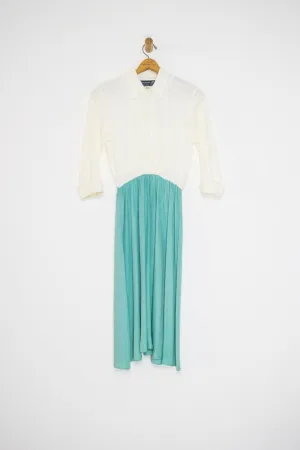 80's TEAL AND WHITE SHIRT DRESS / MEDIUM
