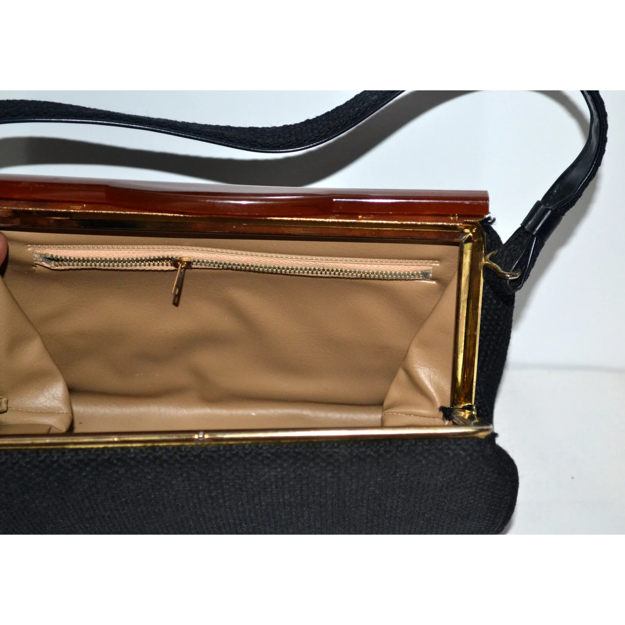 Bakelite Trimmed Black Burlap Purse