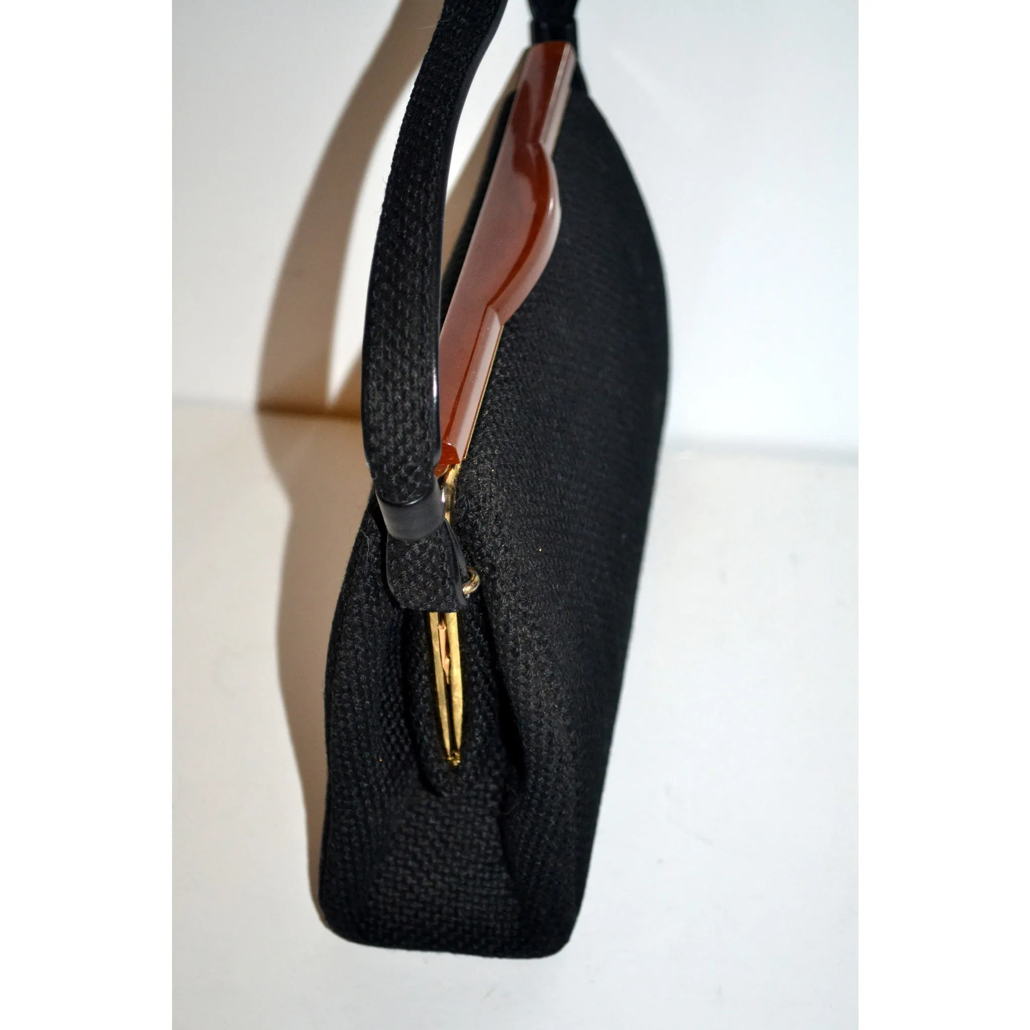 Bakelite Trimmed Black Burlap Purse