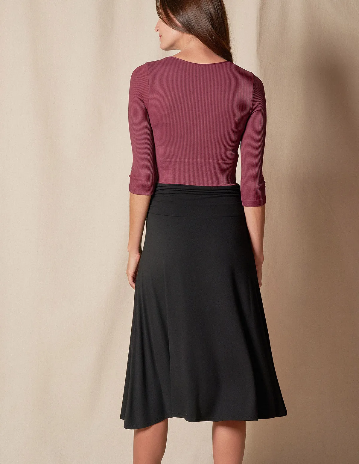 Bamboo Shirred Waist Midi Skirt - Black