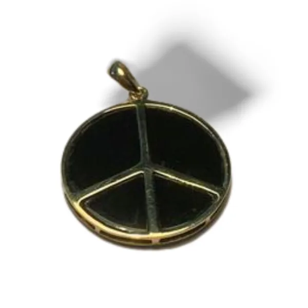 Beautiful Modern 14K Yellow Gold Black Onyx Peace Sign Pendant Slide