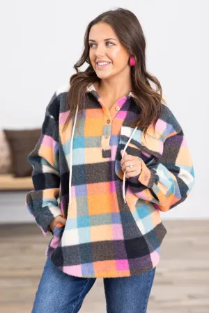 Black Multicolor Vintage Brushed Plaid Hoodie