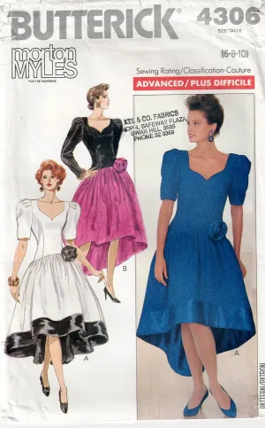 Butterick 4306 MORETON MYLES Womens Drop Waisted High Low Hem Evening Formal Dress 1980s Vintage Sewing Pattern Size 6 - 10 UNCUT Factory Folded