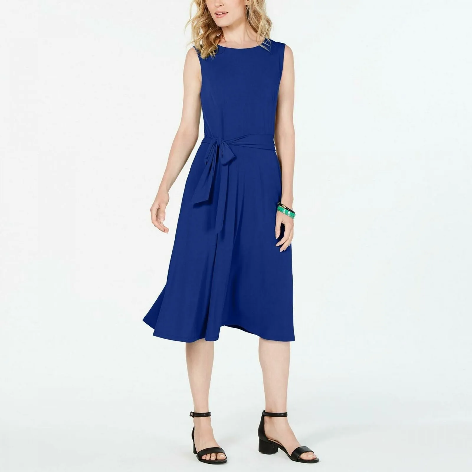 Charter Club Women's Tie Waist Midi Dress Modern Blue Small