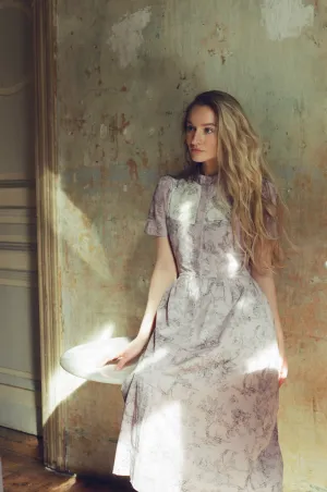 Clover Shirt Dress / Lilac   Vintage White Toile Print Cotton Voile