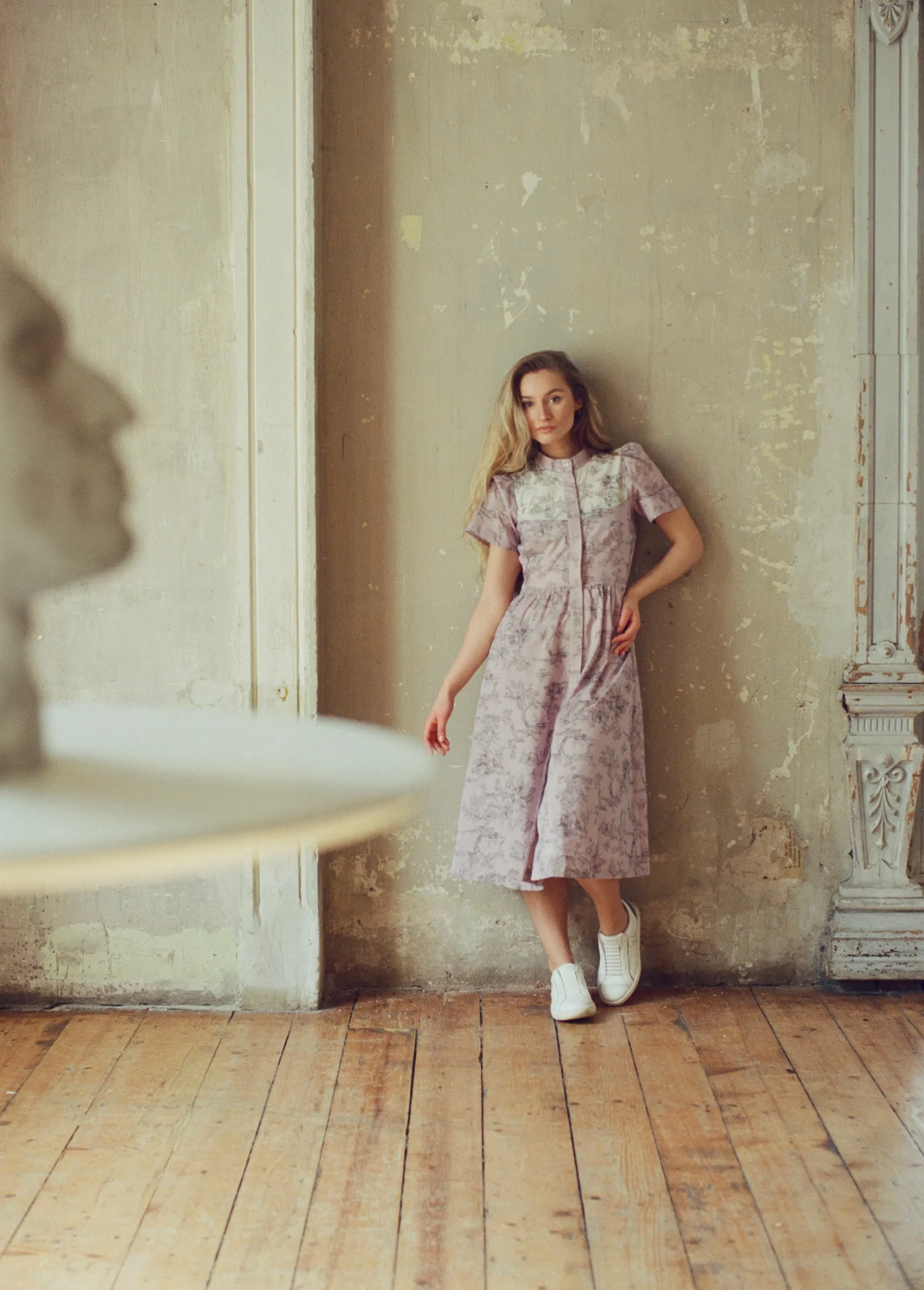 Clover Shirt Dress / Lilac   Vintage White Toile Print Cotton Voile