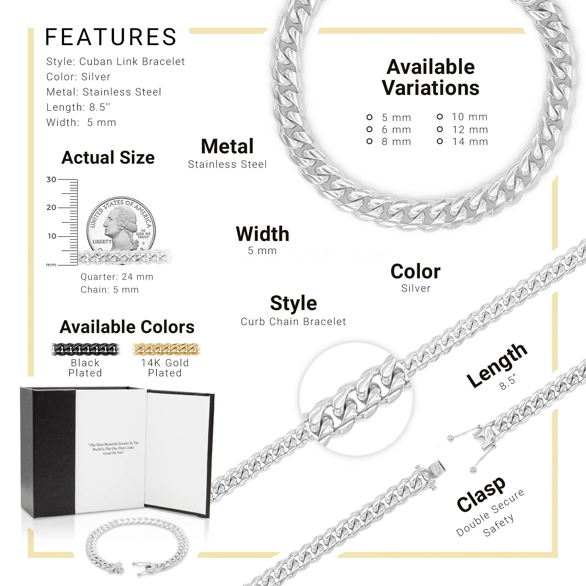 Cuban Link Chain Silver Curb Bracelet 8.5" Stainless Steel Men Jewelry