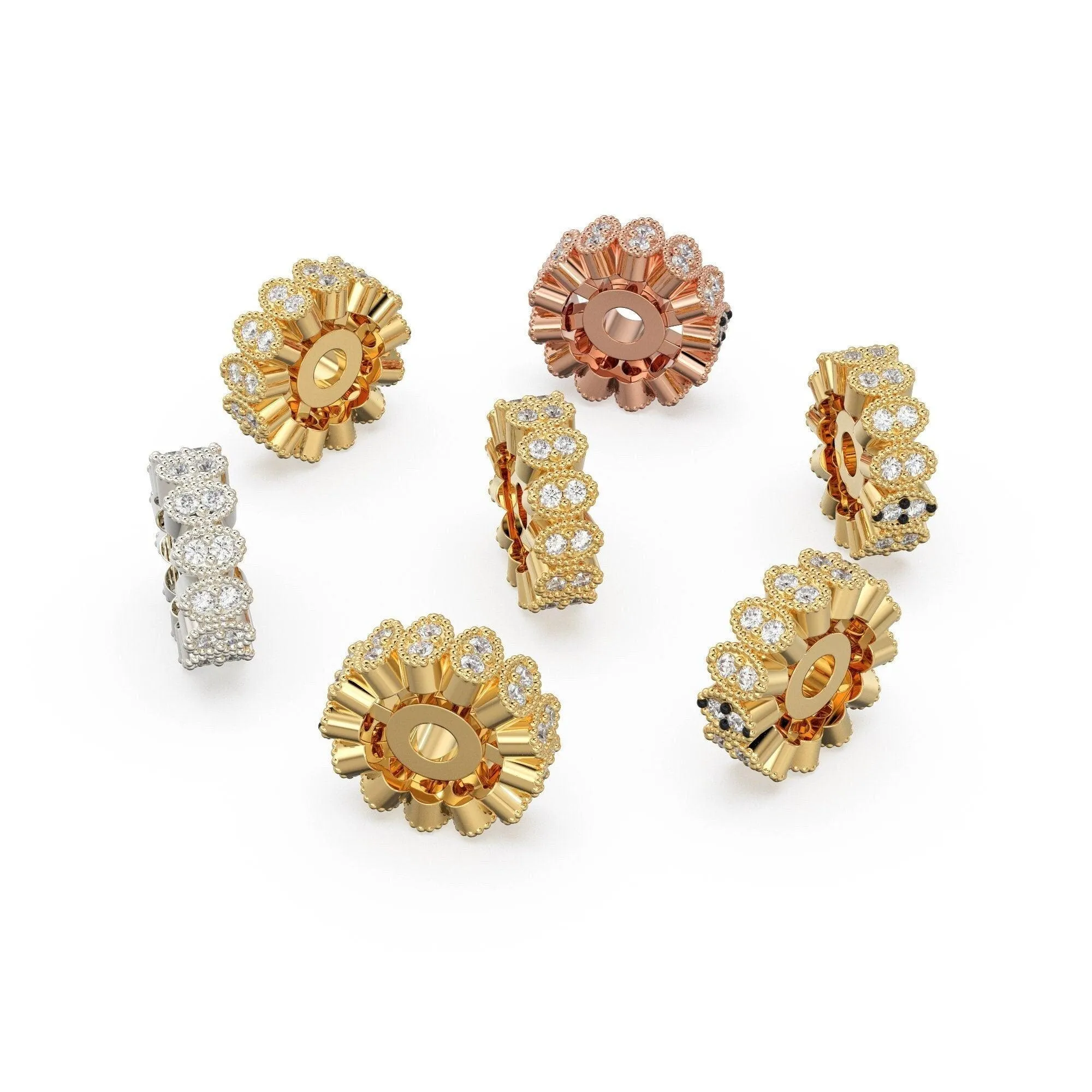 Designer Diamond Cluster Solid Gold Beads / 9mm Diamond Eternity Rondelle Wheel Beads / Oval Diamonds 14k 18k Gold Tyre Finding
