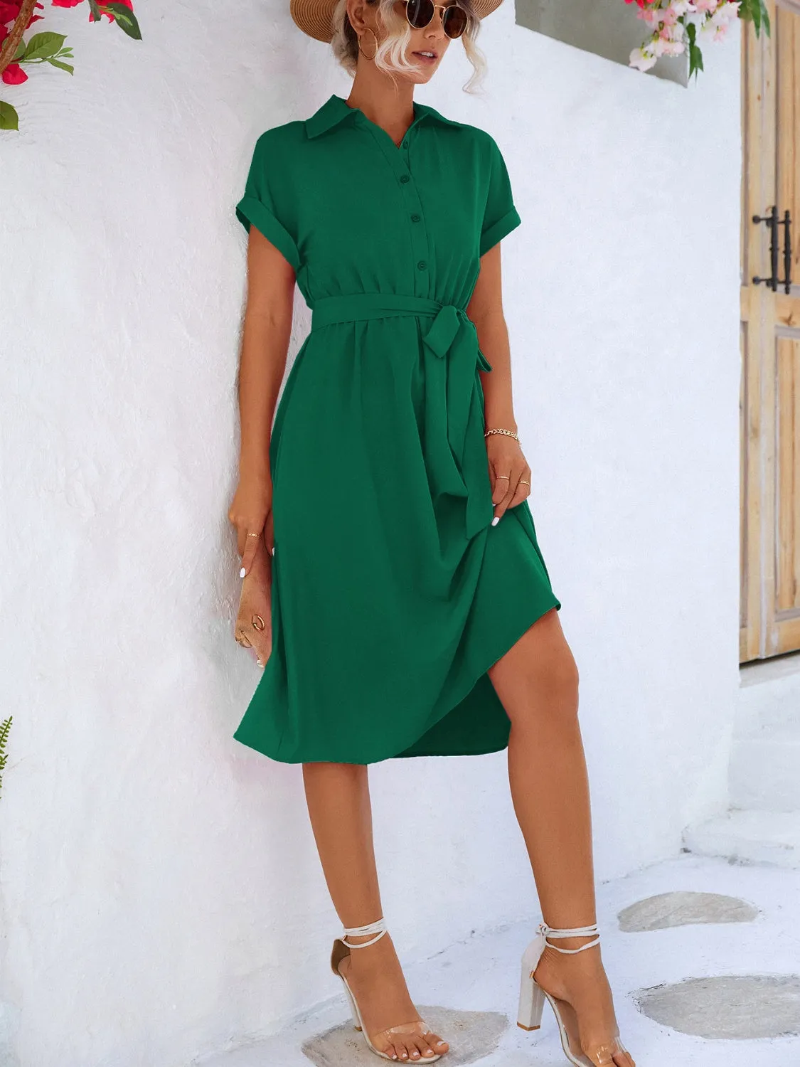 Emma Buttoned Tie Waist Short Sleeve Dress
