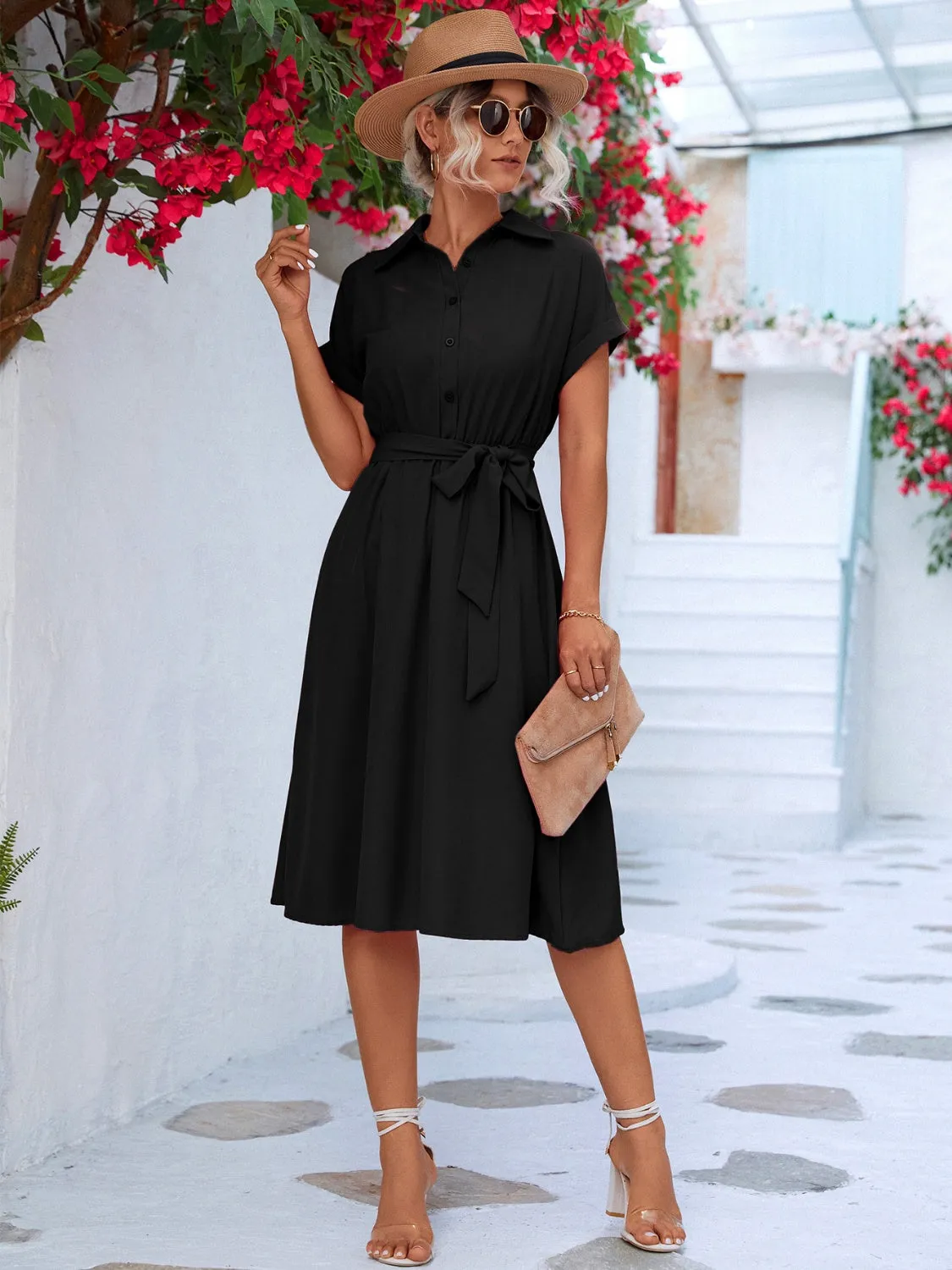 Emma Buttoned Tie Waist Short Sleeve Dress