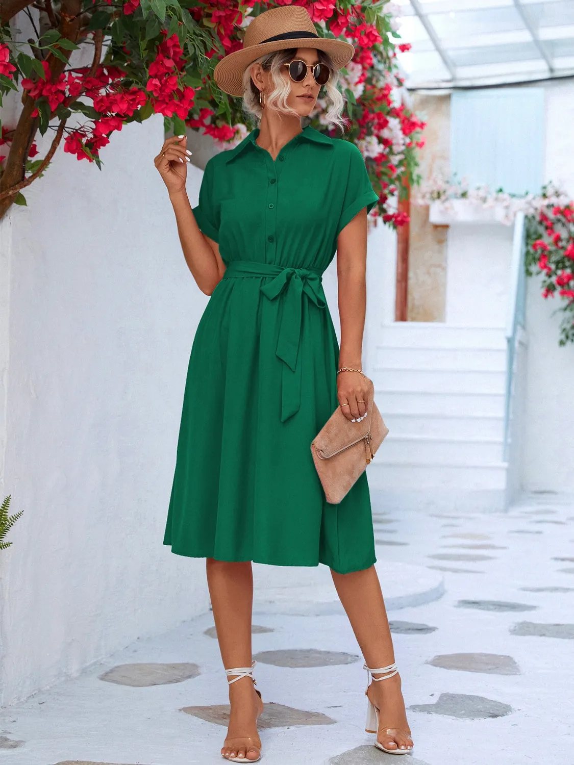 Emma Buttoned Tie Waist Short Sleeve Dress