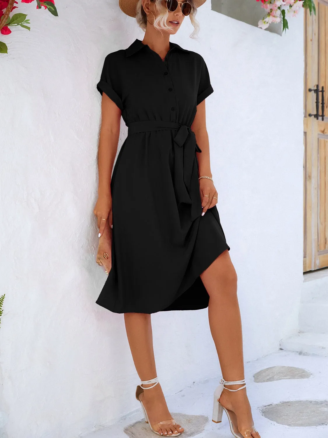 Emma Buttoned Tie Waist Short Sleeve Dress