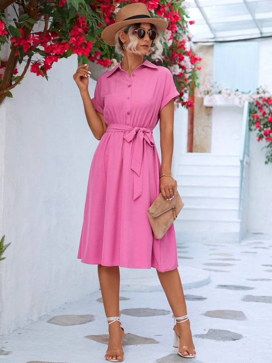 Emma Buttoned Tie Waist Short Sleeve Dress