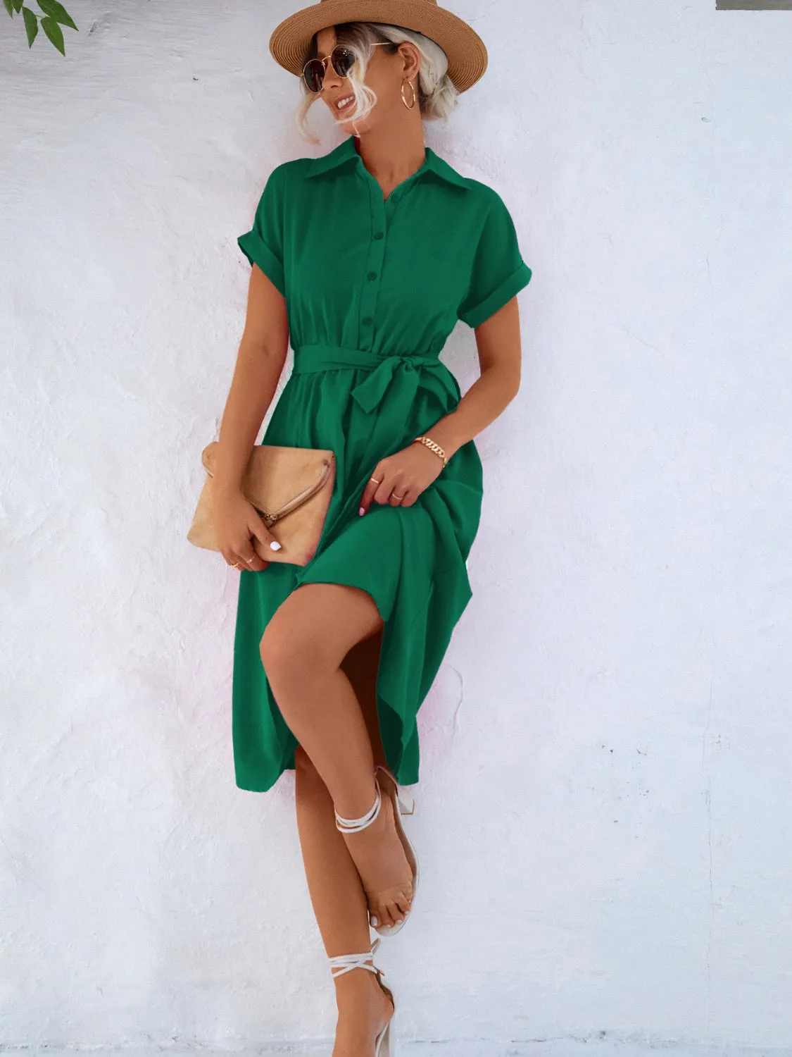 Emma Buttoned Tie Waist Short Sleeve Dress