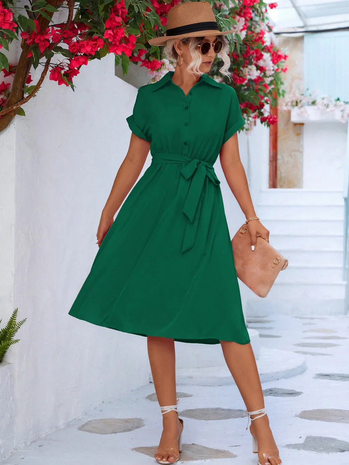Emma Buttoned Tie Waist Short Sleeve Dress