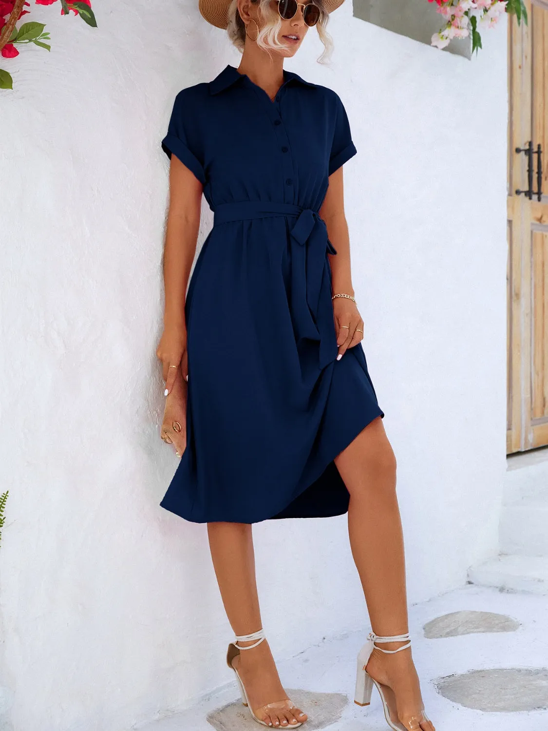 Emma Buttoned Tie Waist Short Sleeve Dress