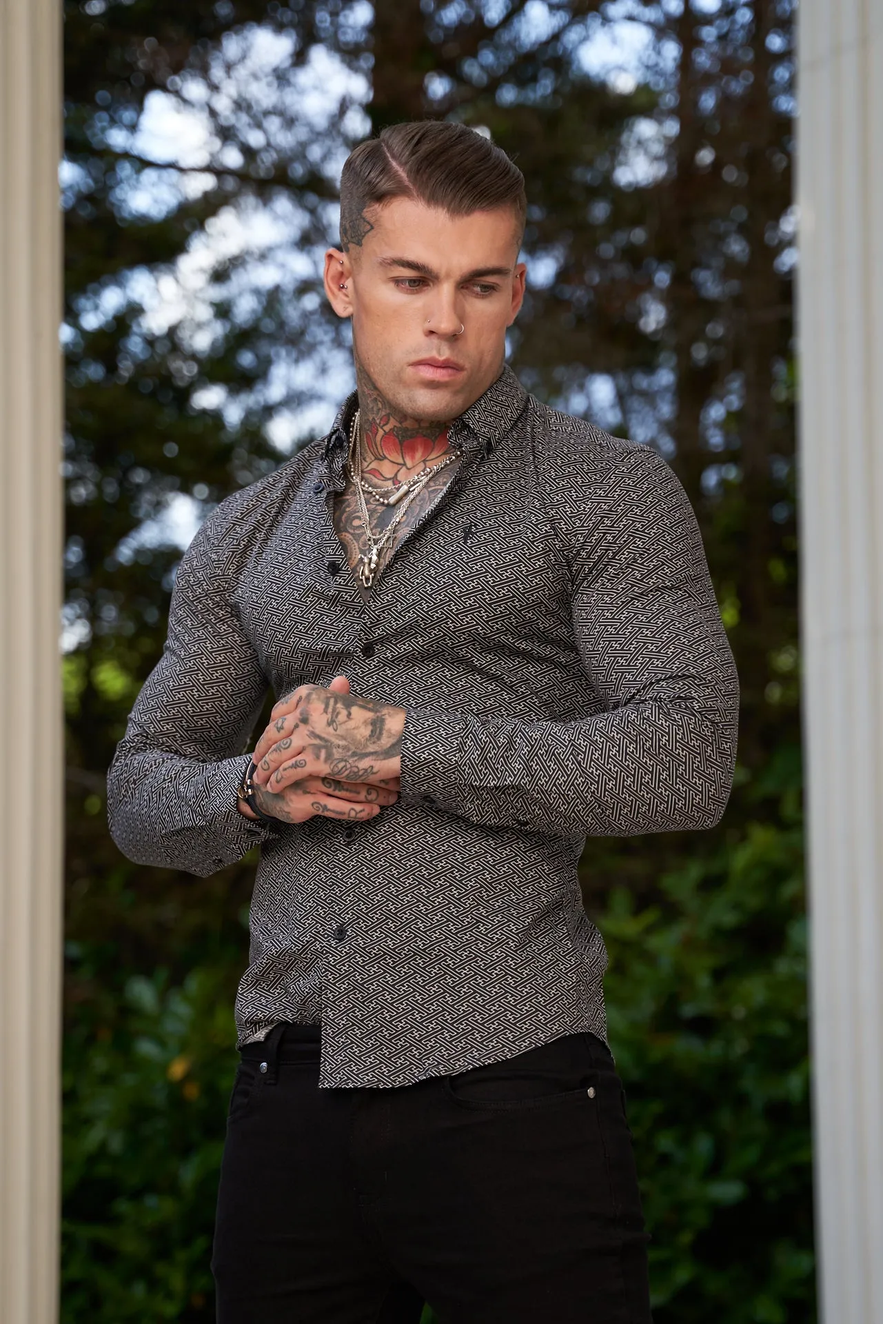 Father Sons Super Slim Stretch Black and Off White Abstract Print Long Sleeve with Button Down Collar - FS786