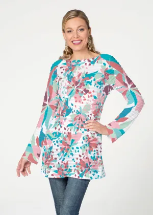 Floral Leopard Teal (7838) ~ Banded Boatneck Tunic