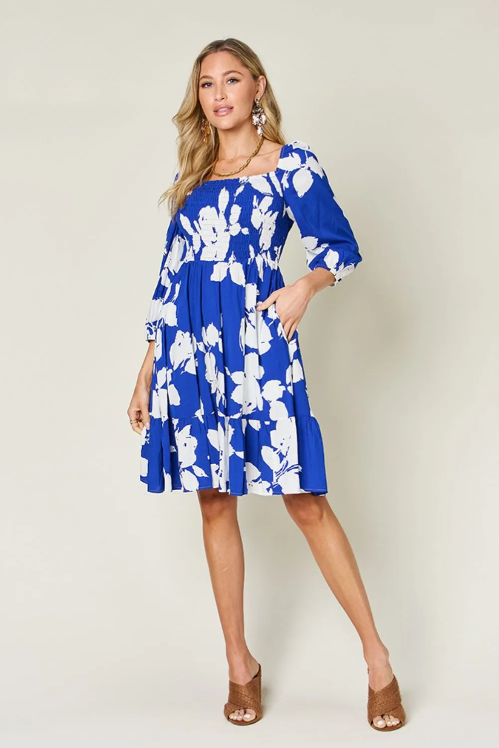 Floral Ruffle Hem Smocked Dress with Pockets