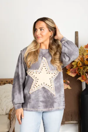 Grey Vintage Washed Star Patch Knit Top