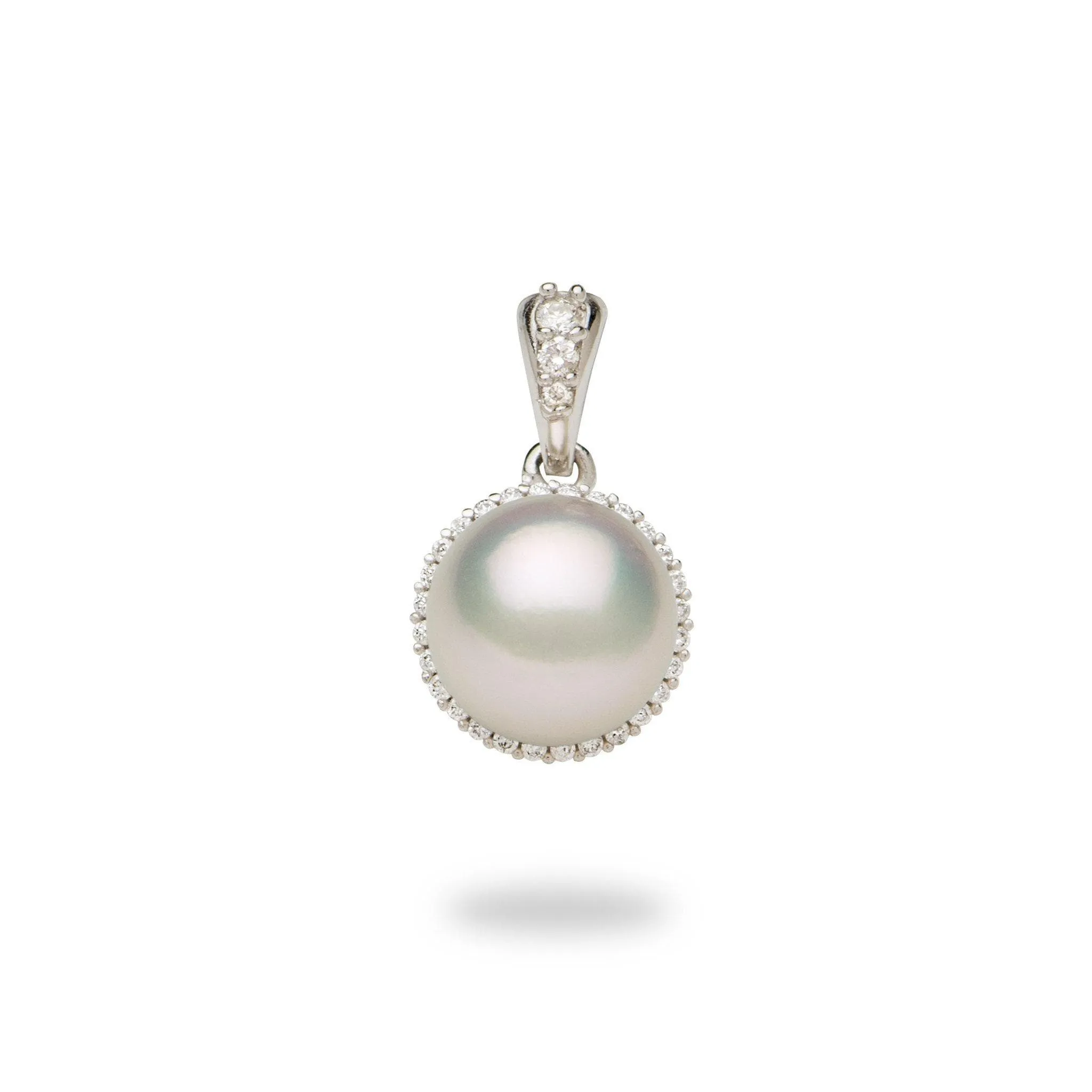 Halo Akoya White Pearl Pendant in White Gold with Diamonds - 8mm