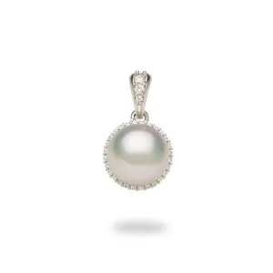 Halo Akoya White Pearl Pendant in White Gold with Diamonds - 8mm