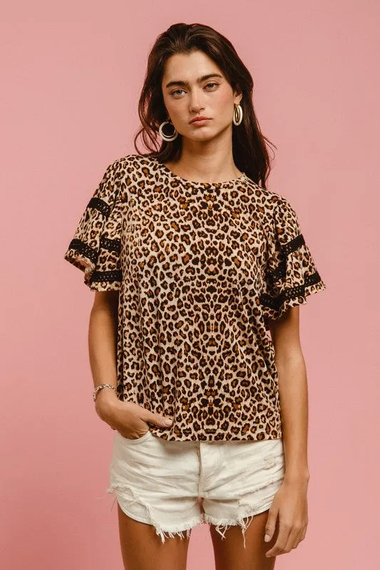 Hazel Blues® |  BiBi Leopard Crochet Trim Round Neck Short Sleeve Top