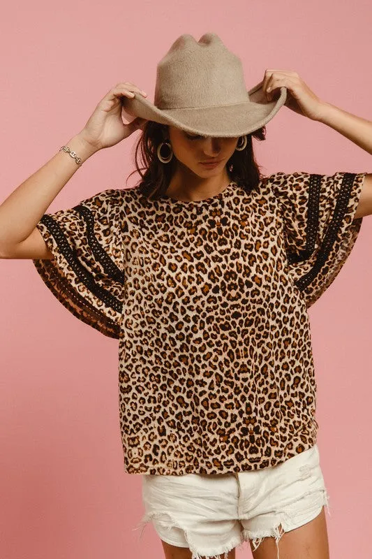 Hazel Blues® |  BiBi Leopard Crochet Trim Round Neck Short Sleeve Top