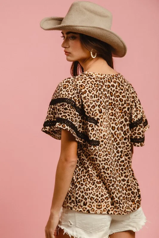 Hazel Blues® |  BiBi Leopard Crochet Trim Round Neck Short Sleeve Top