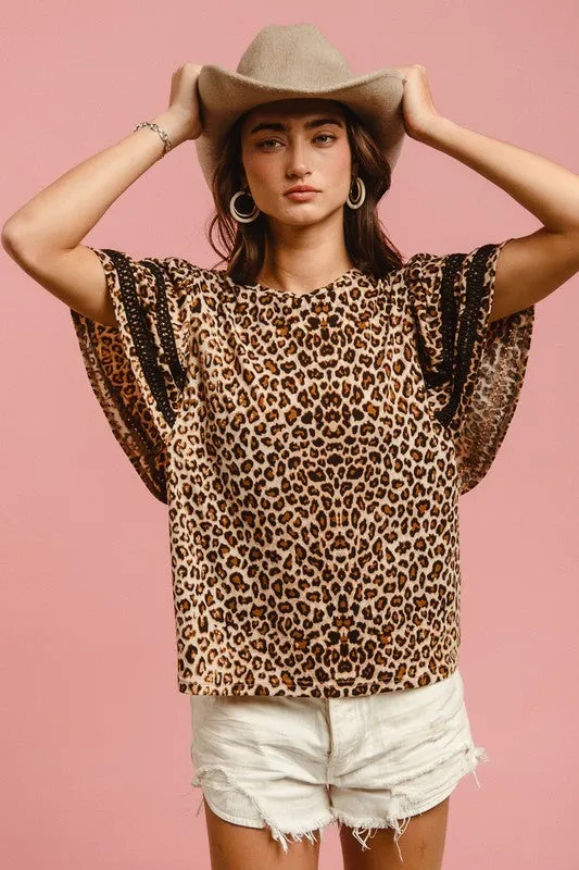 Hazel Blues® |  BiBi Leopard Crochet Trim Round Neck Short Sleeve Top