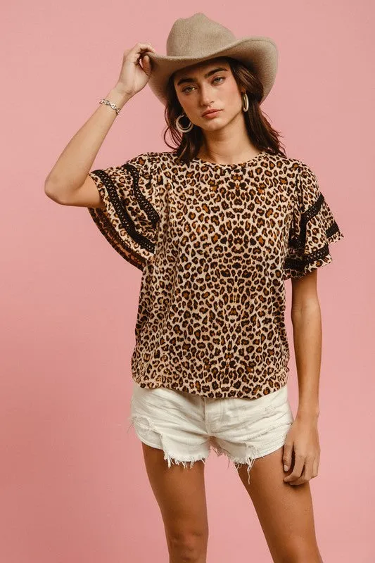 Hazel Blues® |  BiBi Leopard Crochet Trim Round Neck Short Sleeve Top