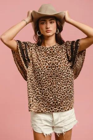 Hazel Blues® |  BiBi Leopard Crochet Trim Round Neck Short Sleeve Top