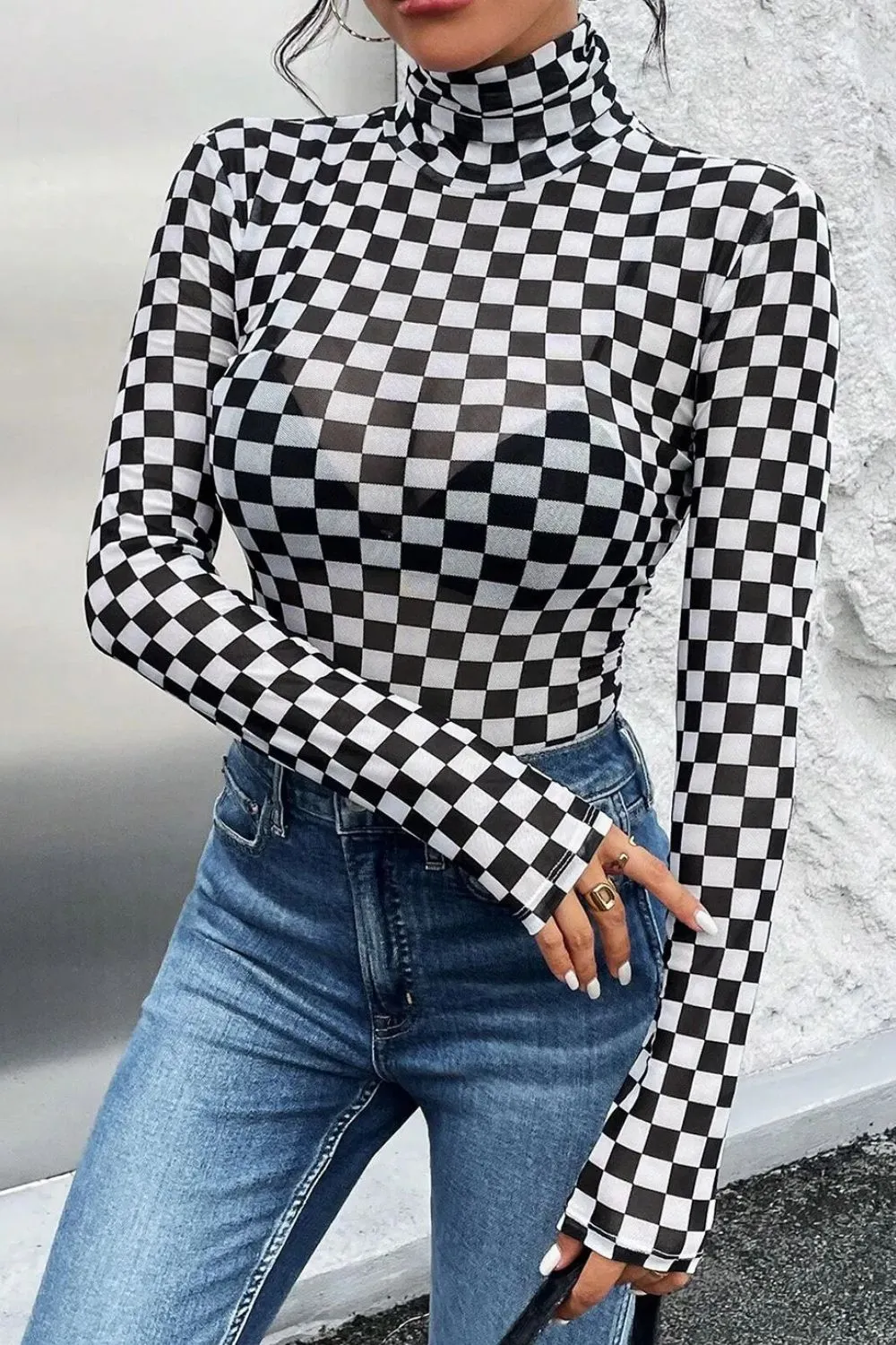 Hazel Blues® |  Checkered Turtleneck Long Sleeve Bodysuit