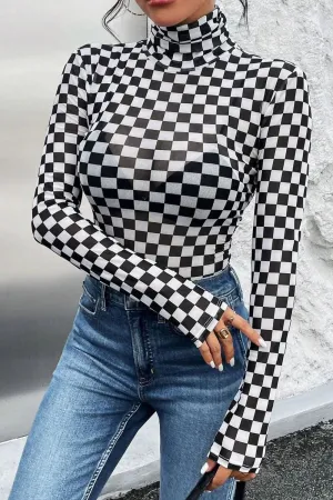 Hazel Blues® |  Checkered Turtleneck Long Sleeve Bodysuit