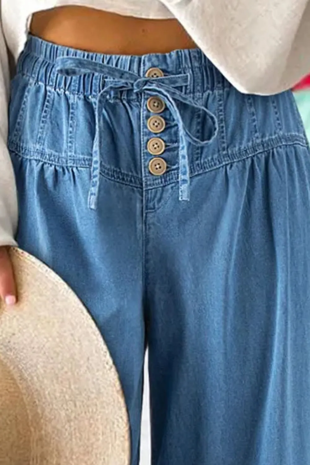 Hazel Blues® |  Drawstring Elastic Waist Wide Leg Jeans