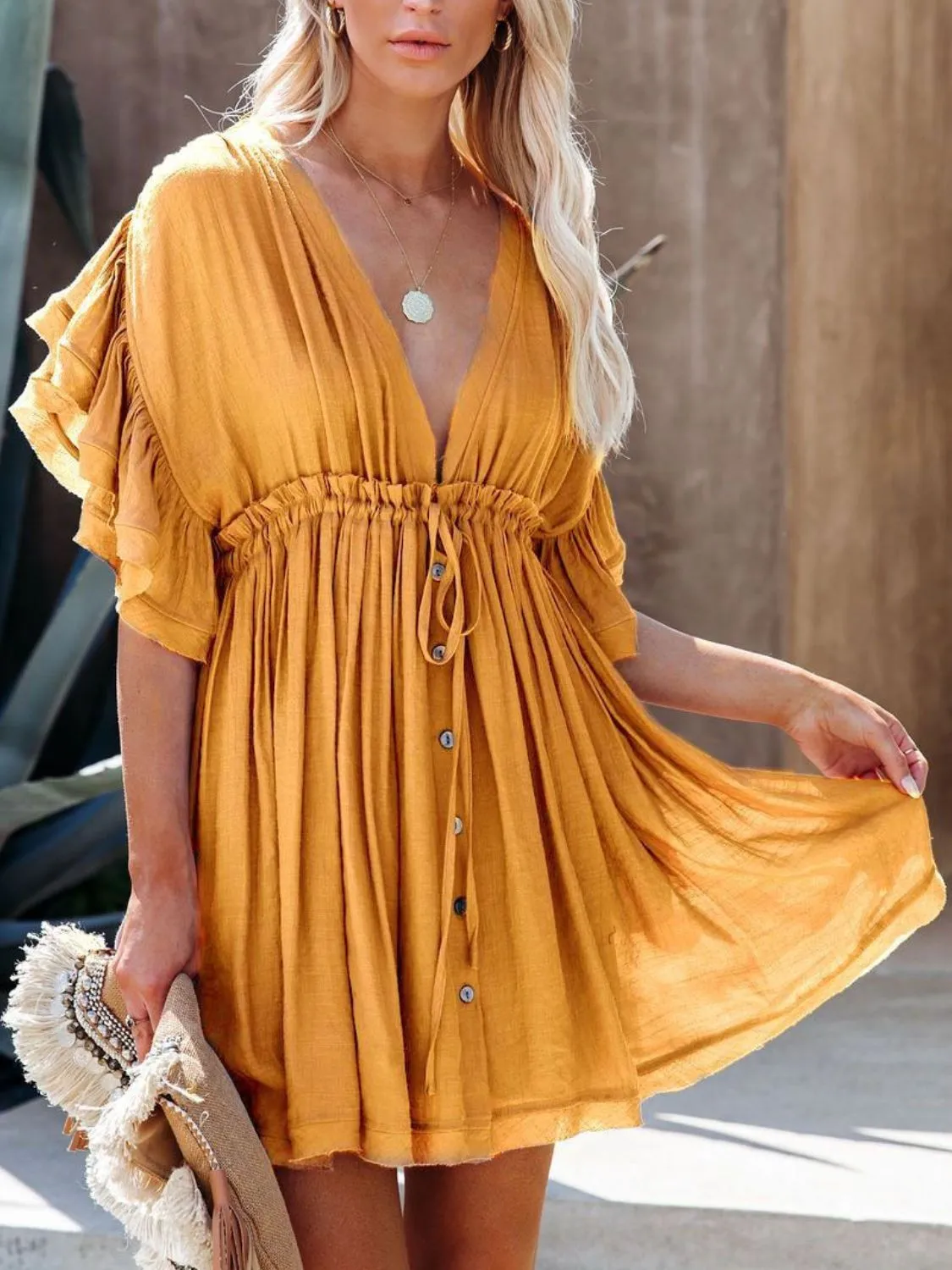 Hazel Blues® |  Drawstring Ruffled Half Sleeve Mini Dress